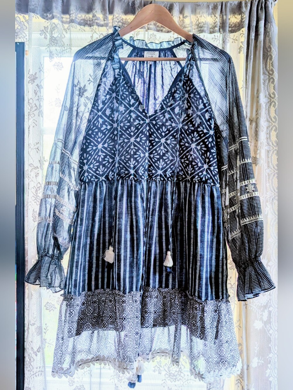 HEMANT & NANDITA Blue Sheer Long-Sleeve Boho Dress